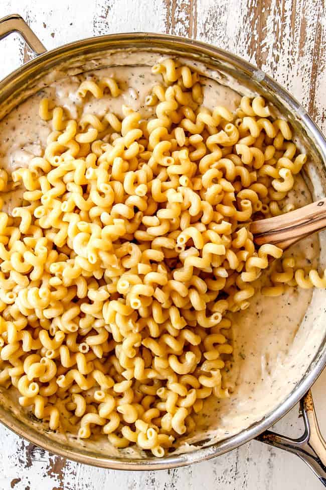 showing ingredients for Chicken Alfredo Bake with pasts in pot