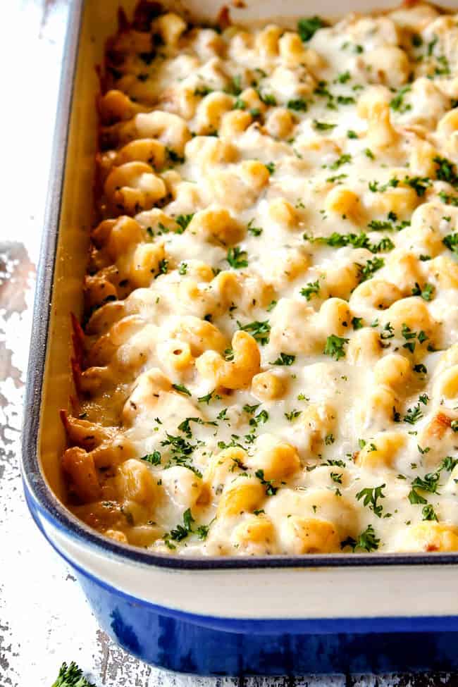 side view of Chicken Alfredo Pasta with from scratch chicken Alfredo sauce 