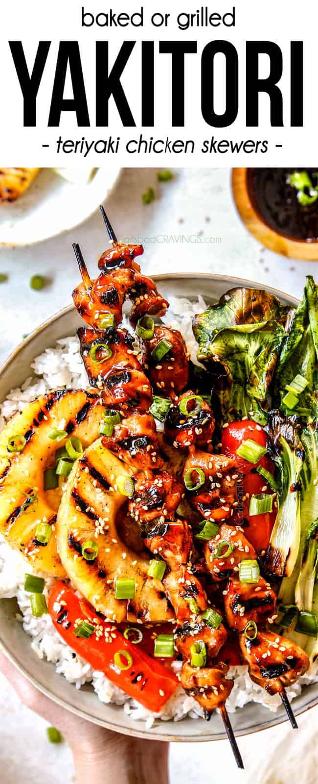 top view of two Momo Yakitori in a bowl with grilled pineapple