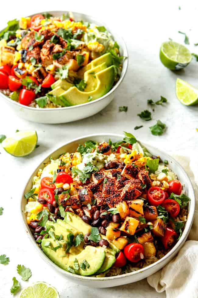 easy burrito bowl recipe with chipotle chicken, rice avocados