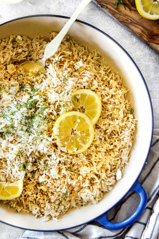 showing what to serve with Greek chicken with a big pot of Greek rice