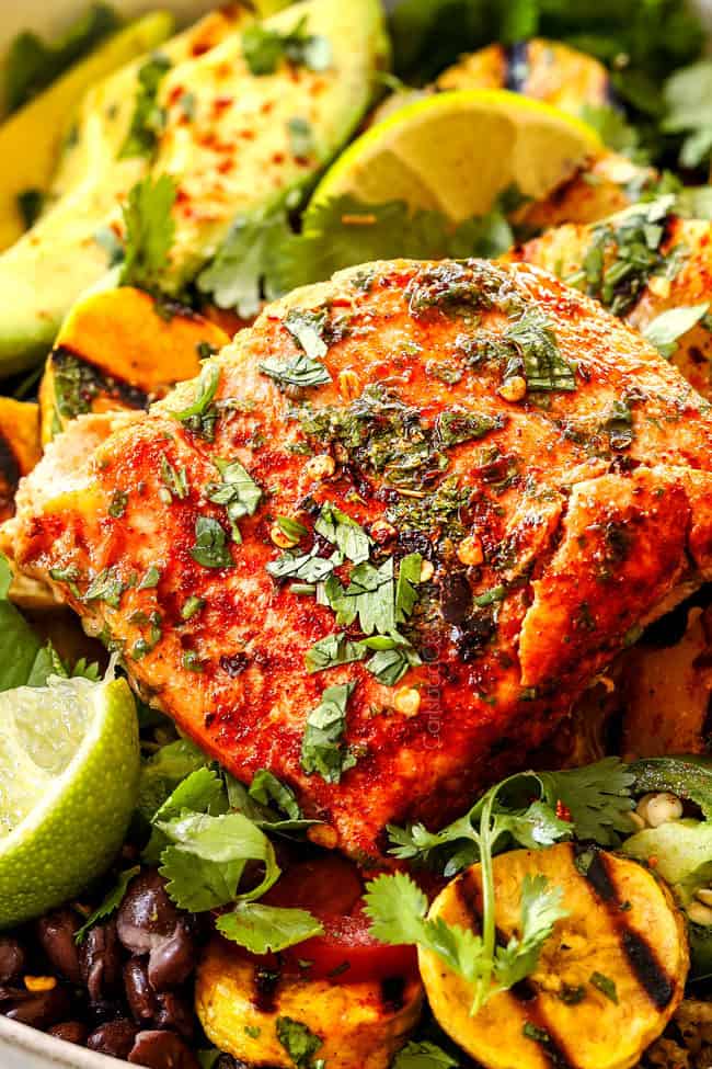 up close of salmon in salmon bowl