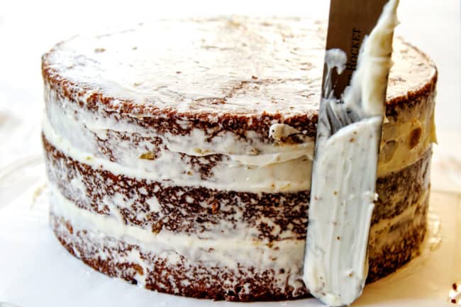 showing how to make hummingbird cake by frosting with a crumb layer