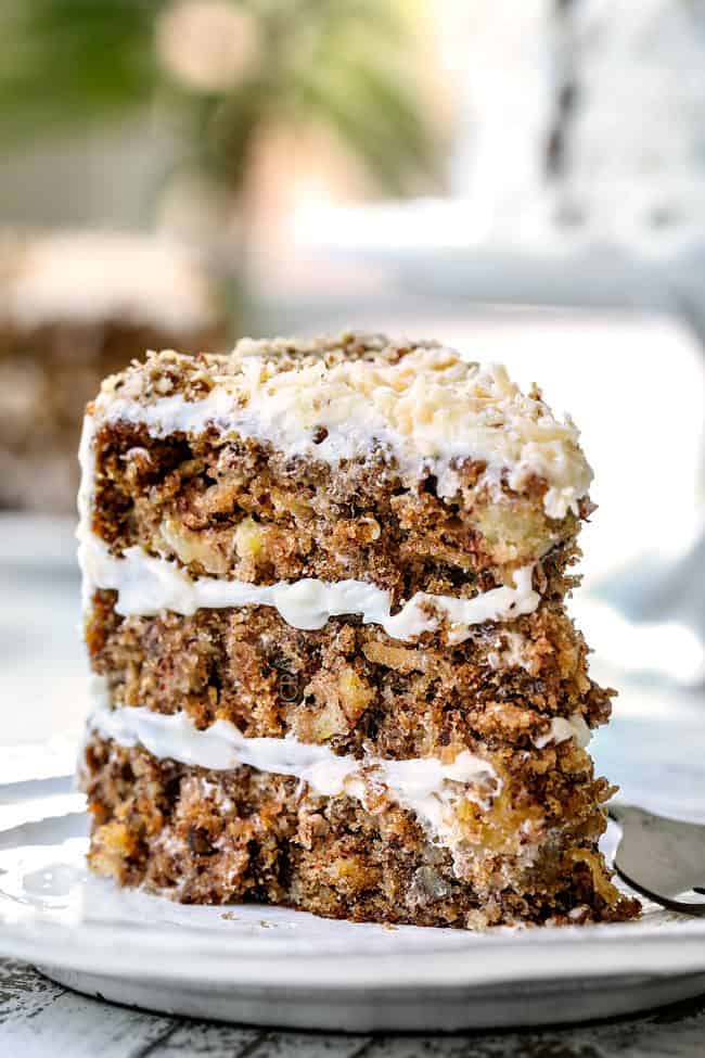 front view of hummingbird cake standing on a plate
