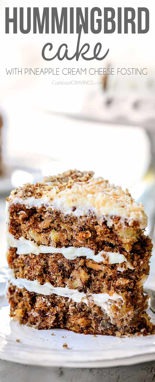 up close of hummingbird cake recipe on a plate