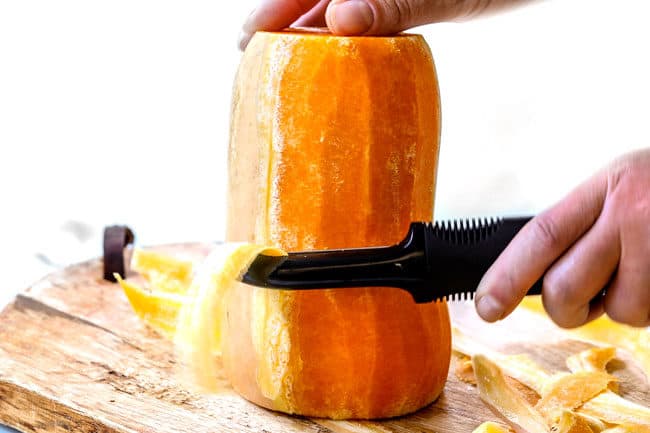 showing how to roast butternut squash by peeling squash