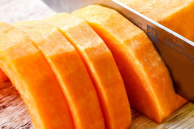 showing how to roast butternut squash by slicing