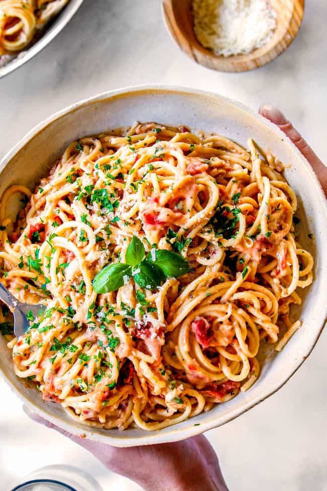 top view of cheesy chicken spaghetti