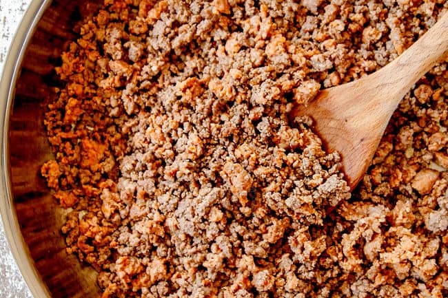 showing how to make easy crockpot chili recipe by browning beef