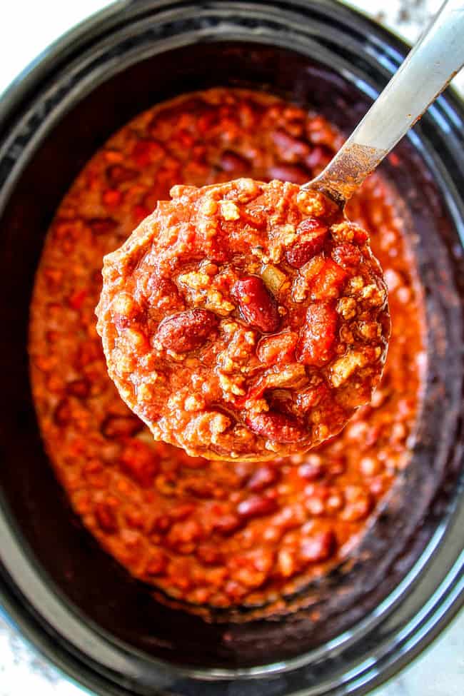 top view of serving easy crockpot chili recipe