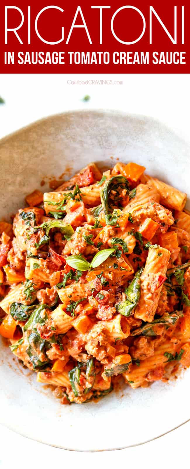 top view of rigatoni noodle in a bowl with tomato cream sauce