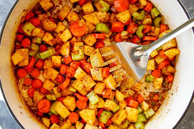 showing how to make Albondigas Soup by cooking vegetables
