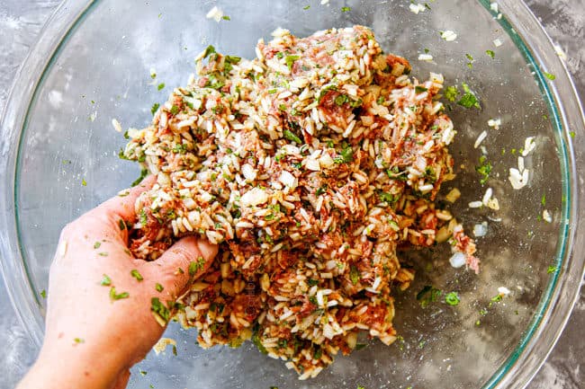 showing how to make meatballs for Albondigas Soup by mixing ingredients together in a bowl