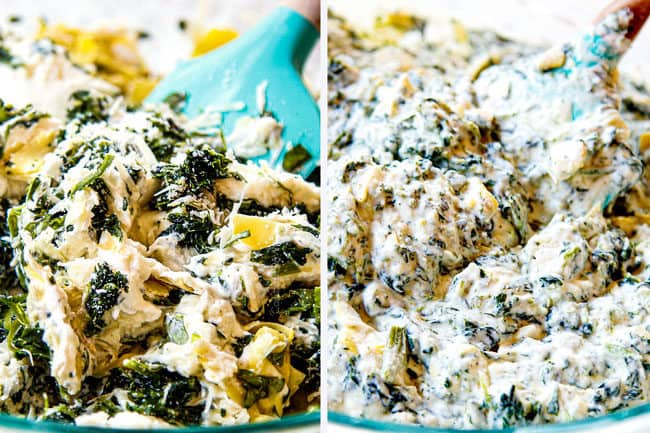 showing how to make white chicken lasagna by mixing ricotta, spinach artichokes, and Parmesan