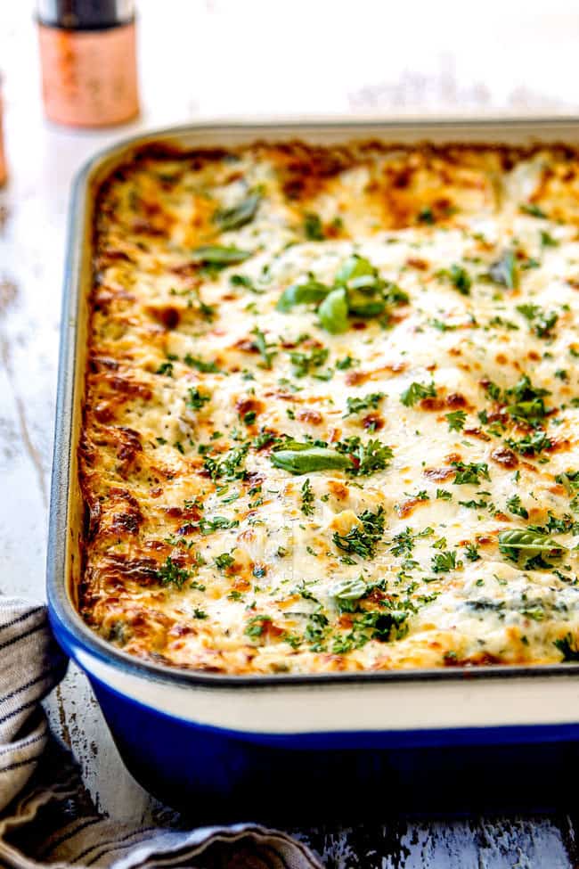 side view of a 9x13 of creamy white chicken lasagna
