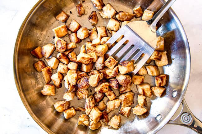 showing how to make healthy chicken stir fry recipe browning chicken in skillet
