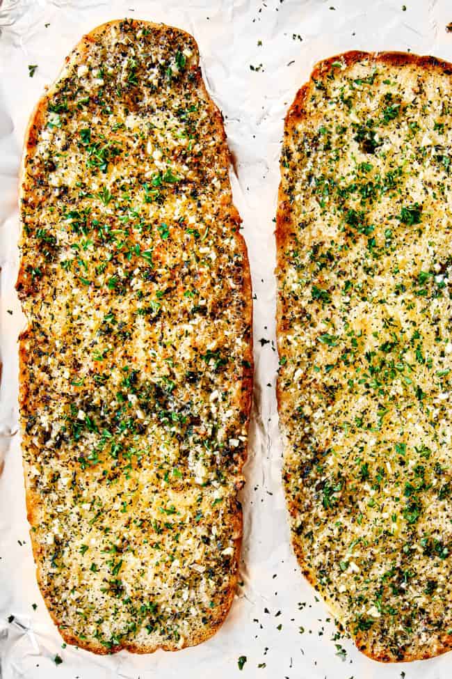 showing how to make homemade garlic bread recipe by baking in the oven