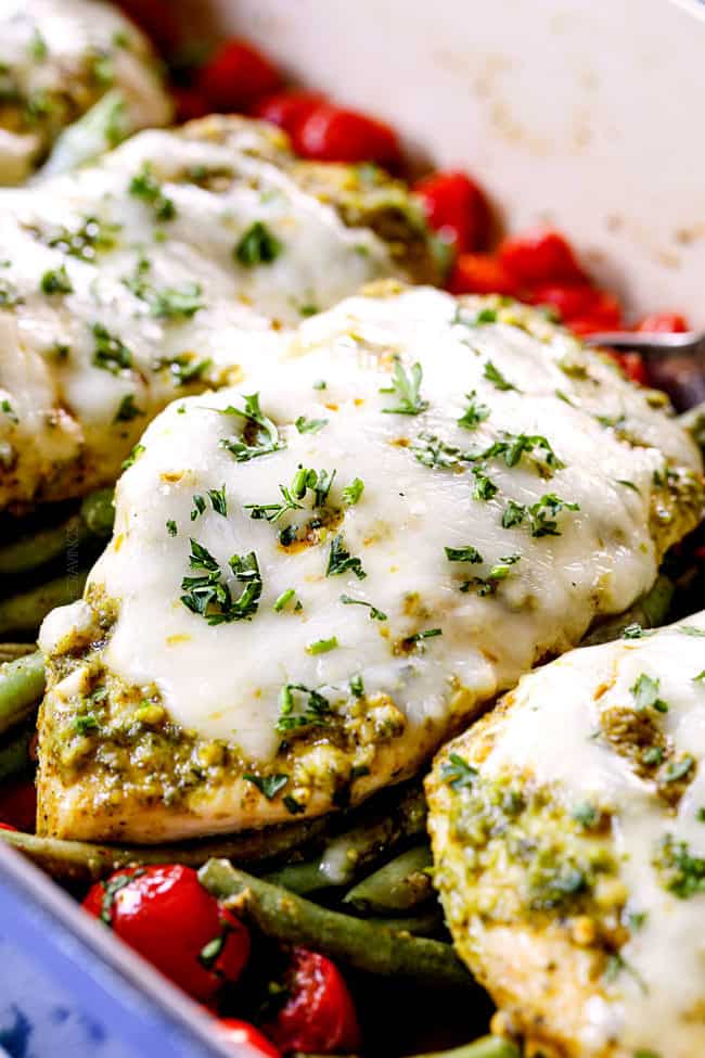 serving basil pesto chicken with melted mozzarella cheese