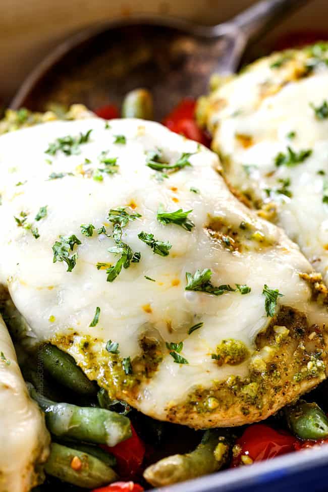up close of serving pesto chicken