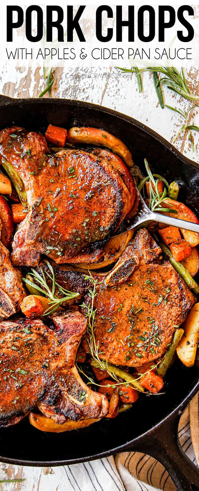 top view of a spoon serving pork chops with apples