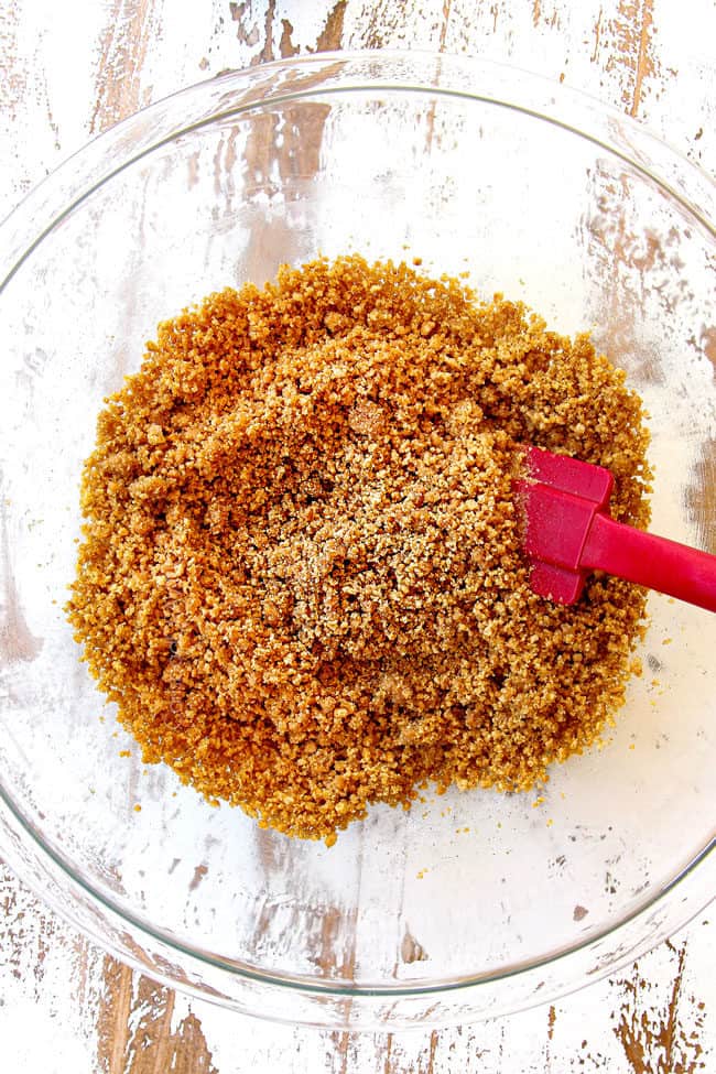 showing how to make pumpkin cheesecake bars by mixing butter, Graham crackers and brown sugar together