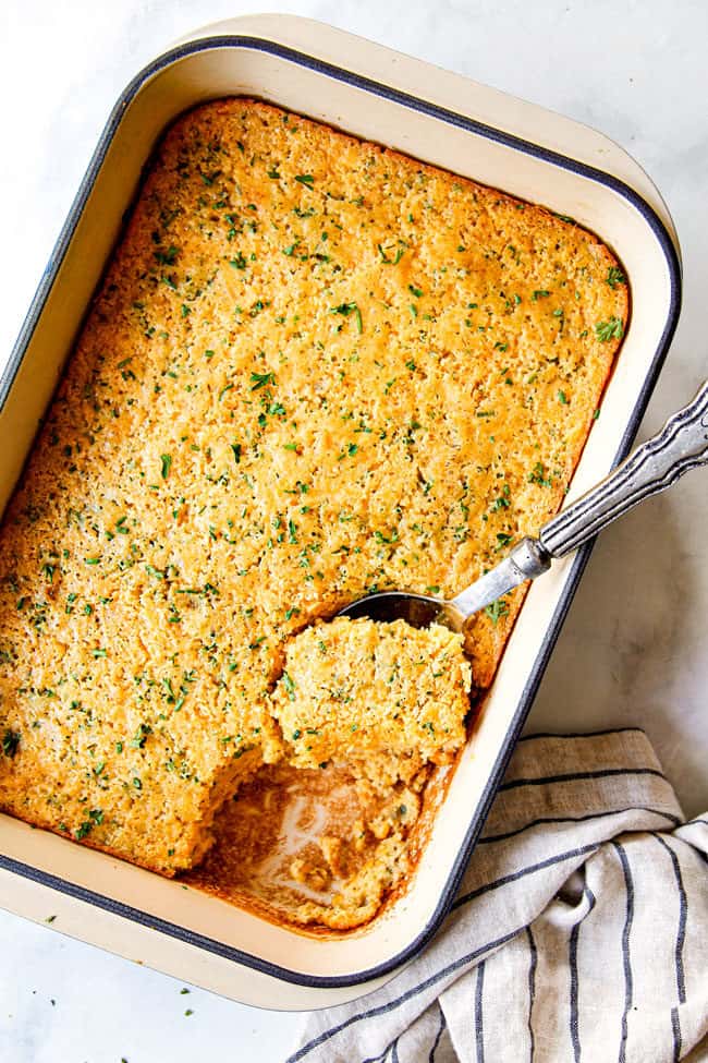 top view of corn casserole in a 9x13 pan