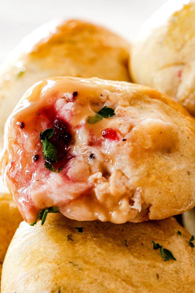 up close of leftover turkey in dinner rolls