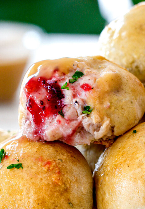 up close of a leftover turkey dinner bomb bitten into