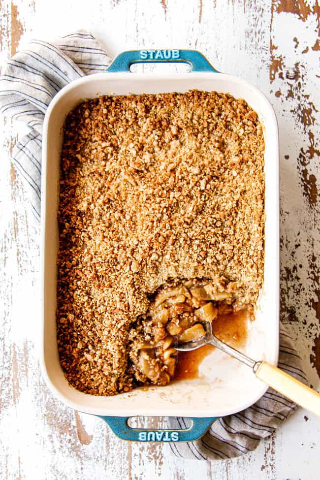 top view of a 9x13 pan of easy apple crisp with oatmeal