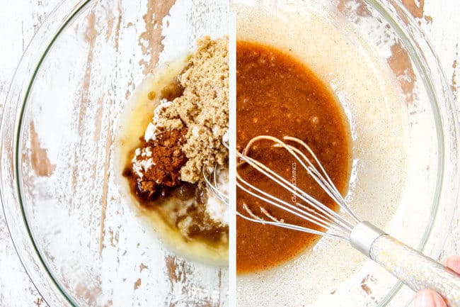 a collage showing how to make apple crisp by mixing brown sugar, melted butter, flour and cinnamon together to make filling