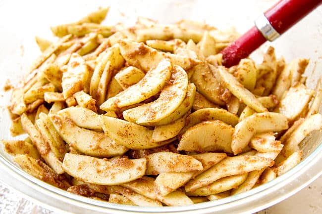 showing how to make apple crisp recipe by combining apples with flour, brown sugar, butter and cinnamon