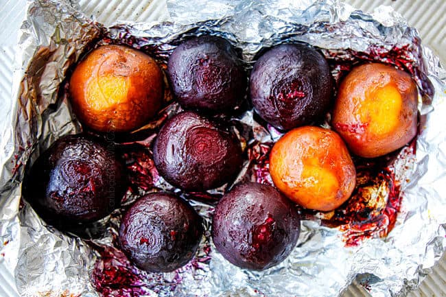 top view showing how to make beet salad by roasting beets in foil until tender