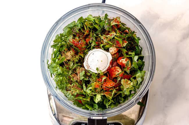 showing how to make cauliflower salad by adding dressing ingredients to food processor