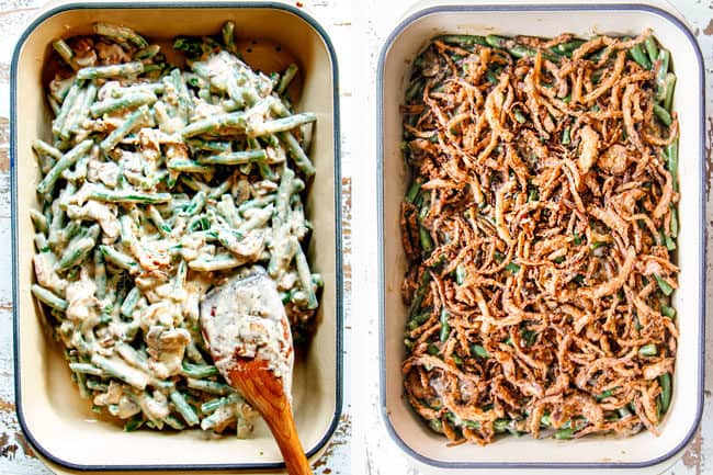 a collage showing how to make green bean casserole by adding green beans to a 9x13 pan then adding fried onions