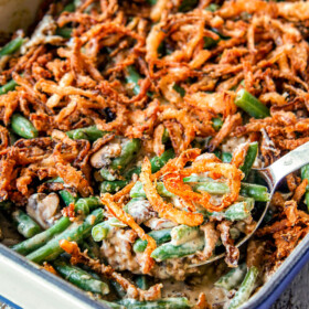 up close of a spoonful of easy green bean casserole