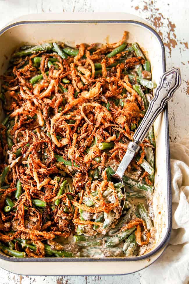 top view of easy green casserole in a 9x13 with homemade cream of mushroom sauce