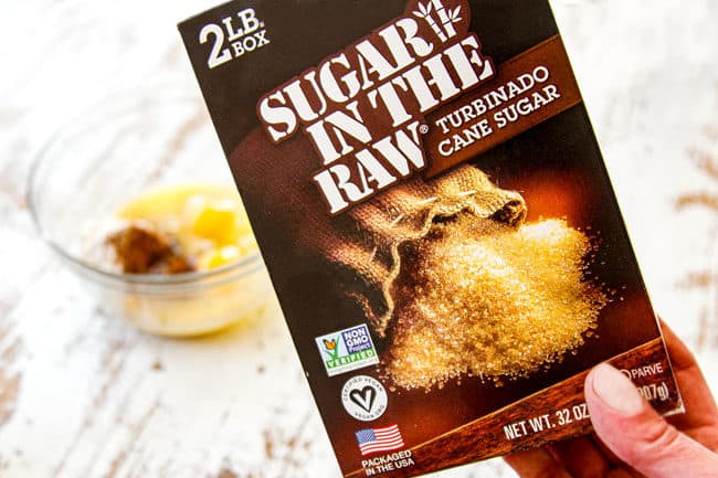 showing how to make Pear Pie by mixing in sugar to custard