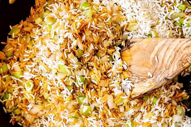 showing how to make rice pilaf by adding rice and sauteeing it