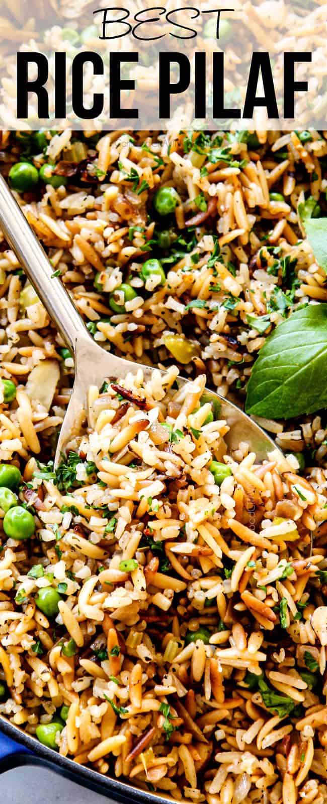 up close of a spoon serving easy rice pilaf with orzo and peas
