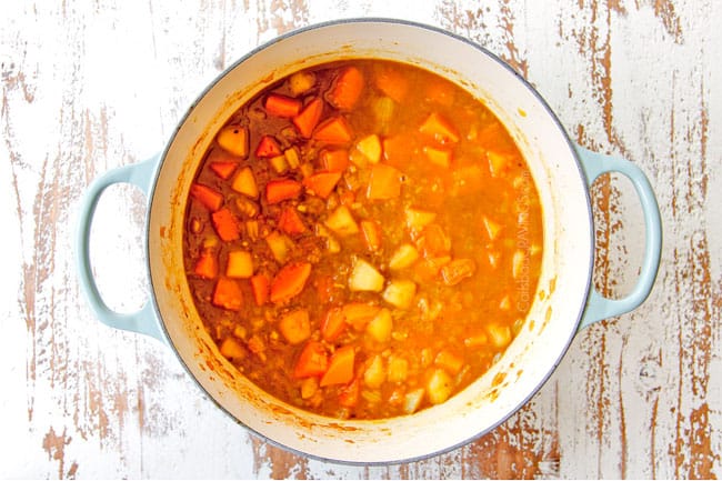 showing how to make butternut squash soup recipe by simmering with chicken broth