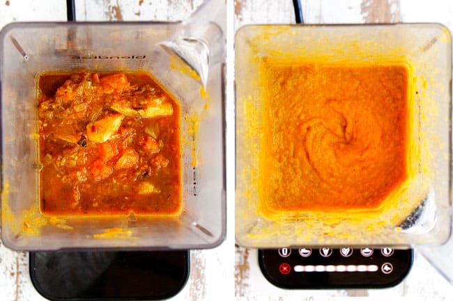 a collage showing how to make butternut squash soup recipe by adding soup to a blender then blending until smooth
