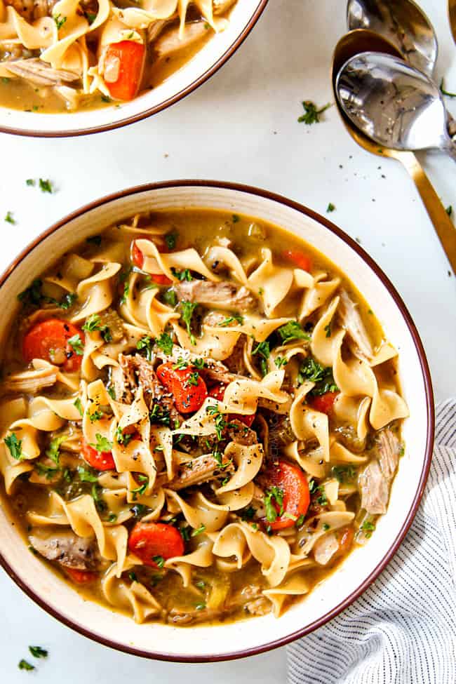 top view of easy chicken noodle soup made with egg noodles