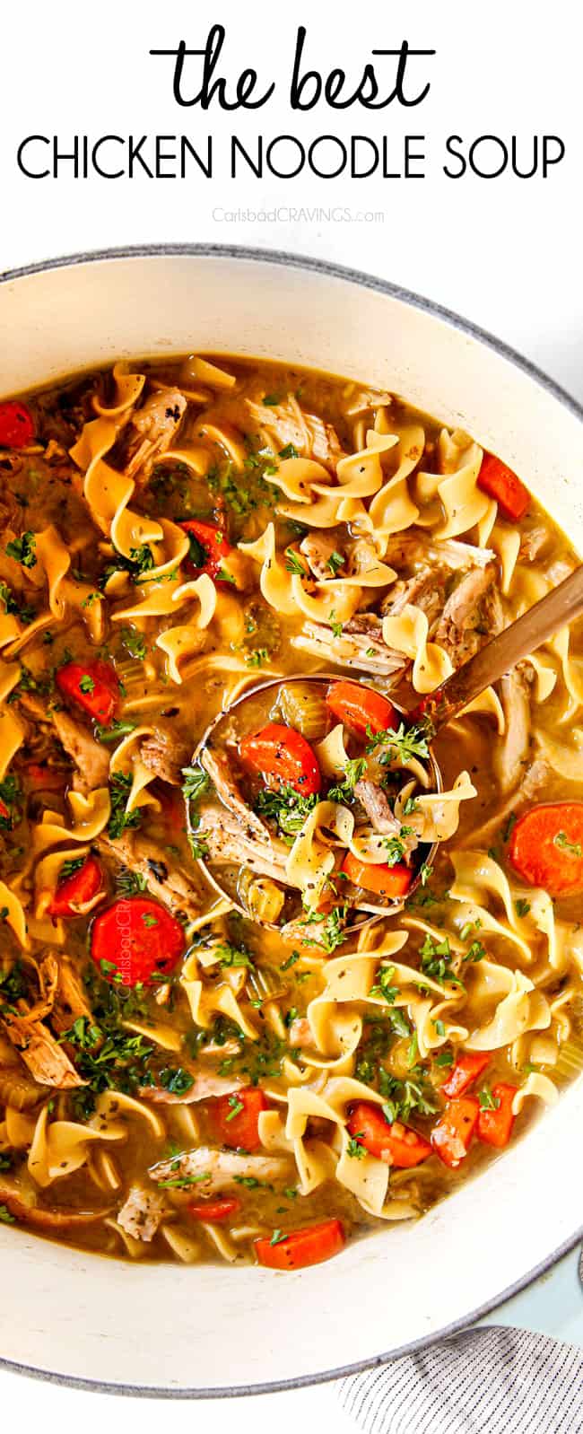 top view of serving homemade chicken noodle soup from scratch