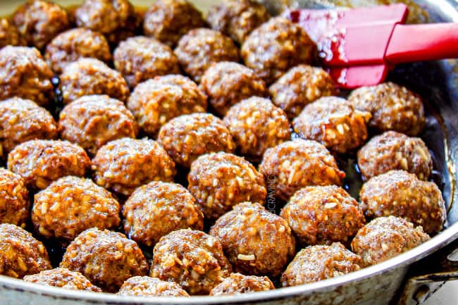 showing how to make cocktail meatballs by adding meatballs to sauce and stirring to combine