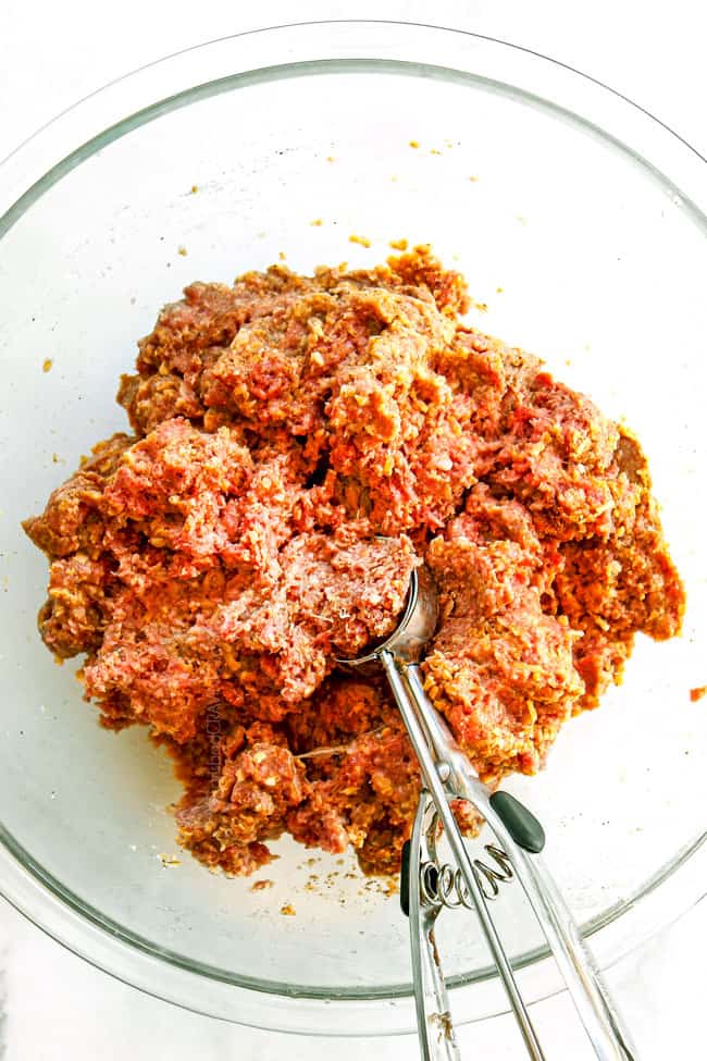 showing how to make cocktail meatballs by using a cookie scoop to roll meatballs