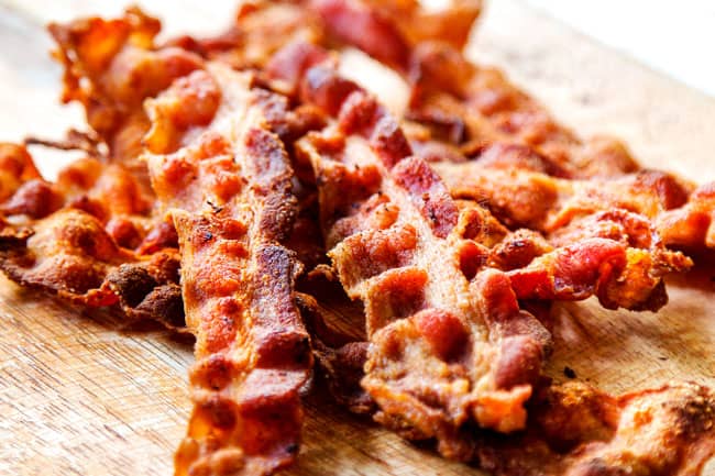 showing how to make frittata recipe by cooking bacon until crispy