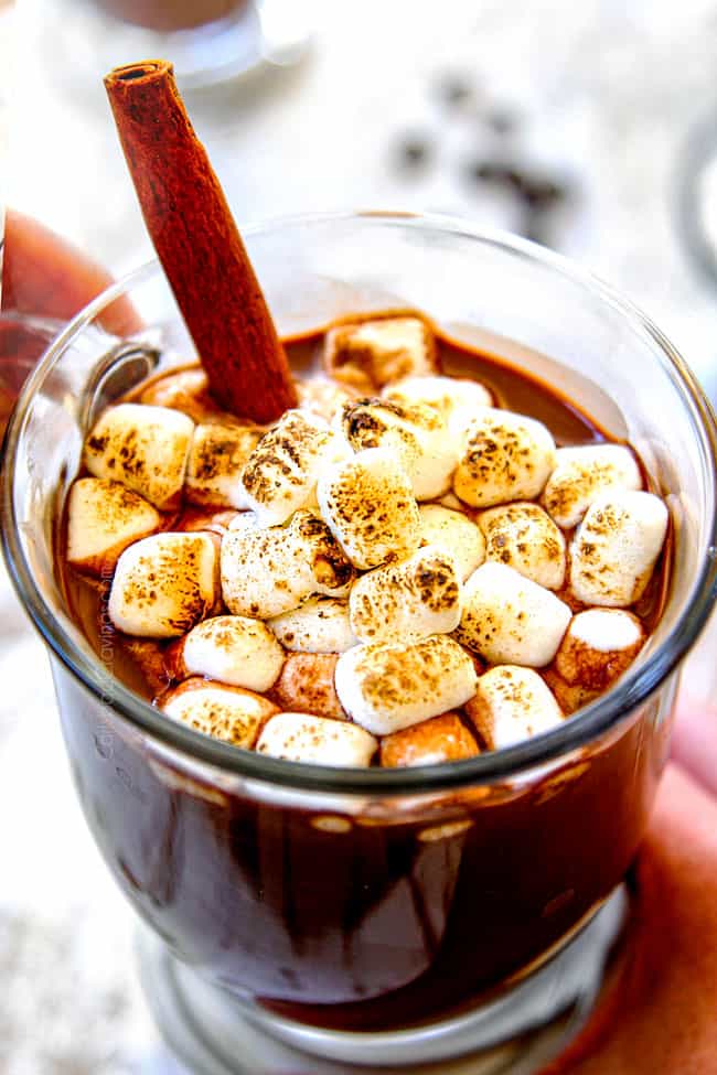 two hands holding creamy hot chocolate recipe