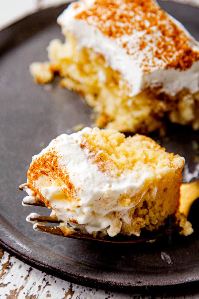 up close of best easy tres leches cake recipe on a fork