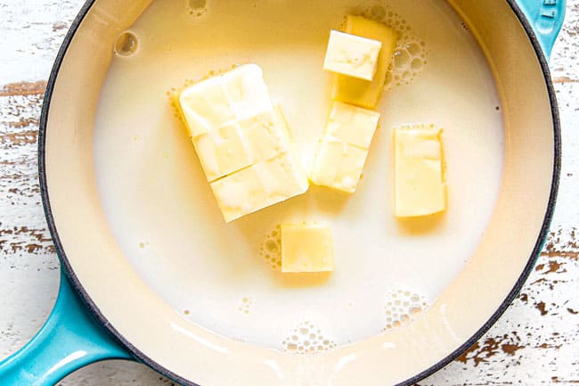 showing how to make tres leches cake by melting butter with milk