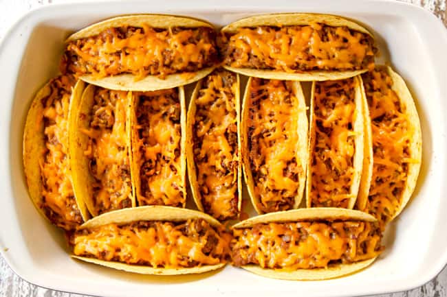 showing how to make ground beef tacos by baking until the cheese is melted